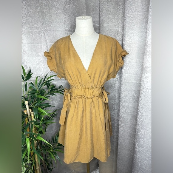 Zara Women’s Ruffle Sleeve Tie Waist Mini Dress in Camel Tan Sz Small - Picture 1 of 16